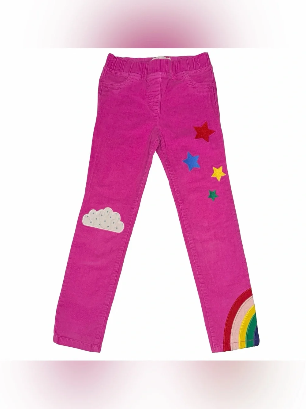 Mini Boden Pink Cords With Embroidered And Appliqué Rainbow Cloud Stars